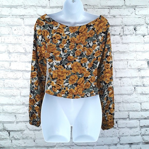 Wild Fable Blouse Womens Small Yellow Floral Cropped Button Long Sleeves Rayon - Picture 3 of 5